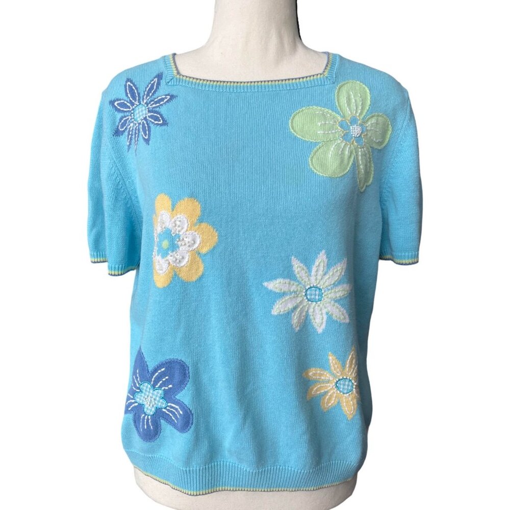Petite Medium, Spring Embroidered Floral Sweater Teal Daisies, Alfred Dunn